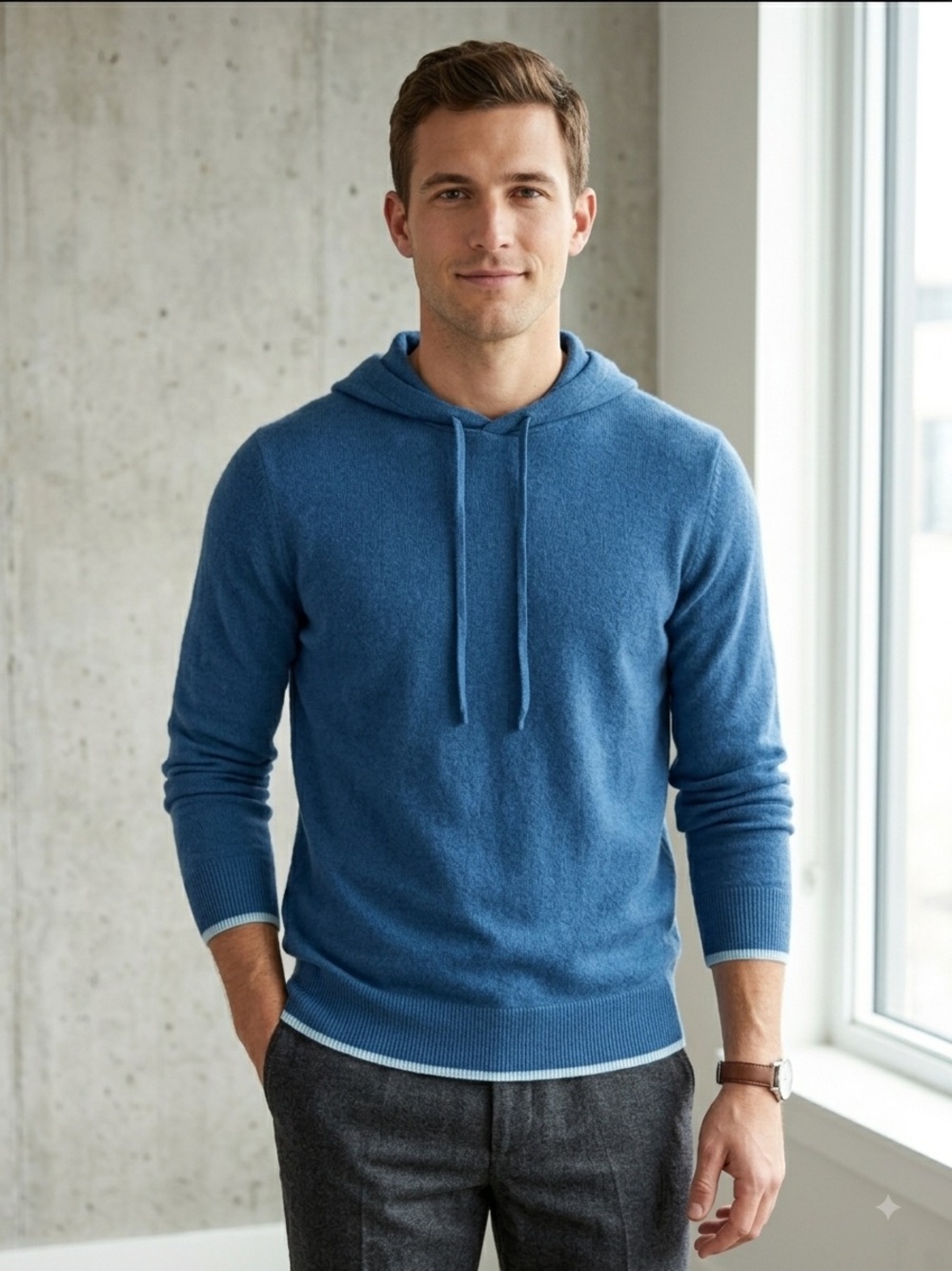REDVANLY Quincy 100% Cashmere Hoodie Sweater in Sea size M